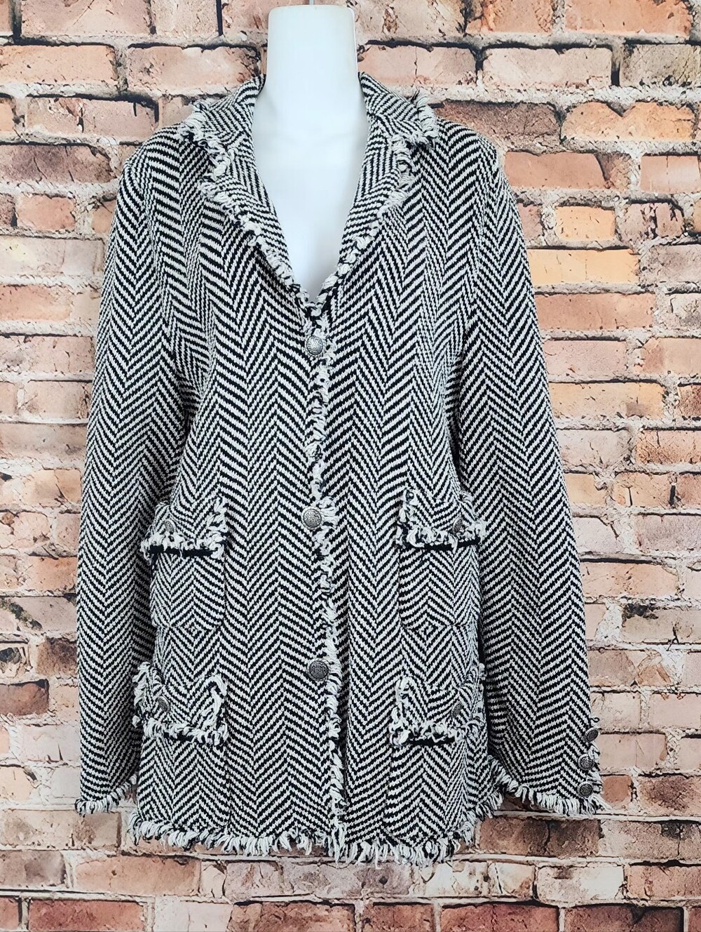 EUC Peter PJ Jan Blk/White Herringbone Knit Blazer w/Fray Raw Trim Sz.L Vintage